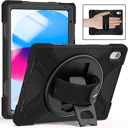 BATYUE Case for iPad 10th Generation 10.9 inch 2022, Protective Rugged Kids Case with Pencil Holder, Screen Protector, Shoulder Strap, Hand Strap, Kickstand, for Apple iPad 10th Gen (Black)