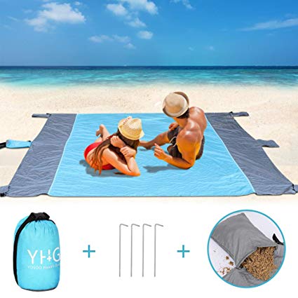 Lightweight Beach Blanket - 9' x 7', Waterproof Picnic Blanket with 4 Durable Metal Stakes and 4 Corner Pockets, Sand Free Compact Outdoor Picnic Mat for Travel, Hiking, Camping, Holiday