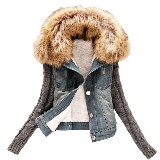 VIISHOW Winter Women Jeans Coat Fleece Denim Jacket Slim Fur Collar Coat Outerwear