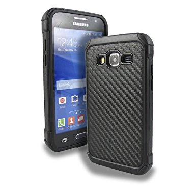 Samsung Galaxy J3 (2016) / J3 V / Amp Prime / Express Prime / Galaxy Sol Case, Kaleidio Impact Shield Hybrid Shockproof Protective 2pcs Cover [Includes a Overbrawn Prying Tool] [Black Carbon Fiber]