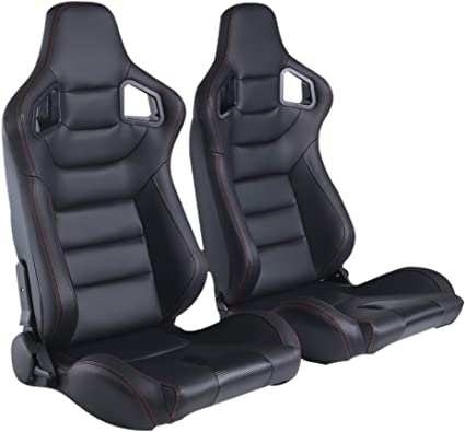 2PCS Universal PVC Leather Racing Seats, Reclinable Bucket Seat Come with Two Adjustable Slider, Mounting Brackets are NOT Include (Black & Red Stitching)