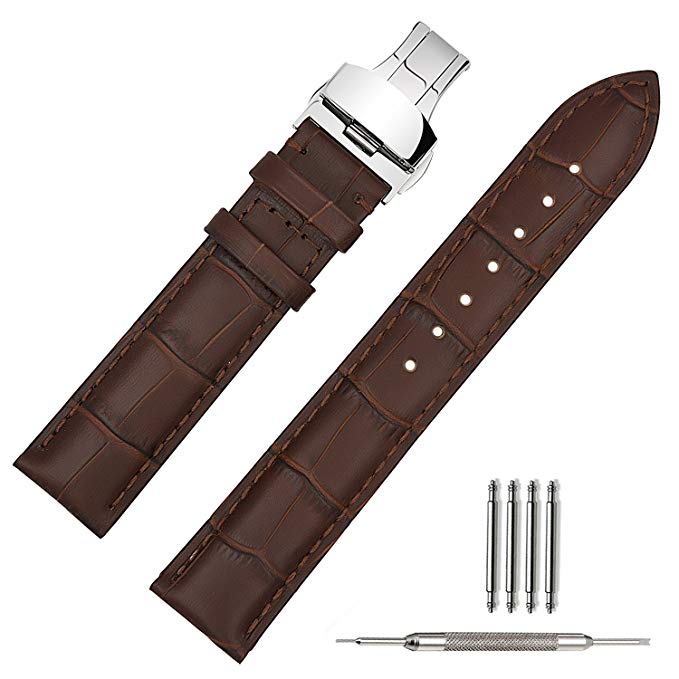 Leather Watch Strap Soft w/Deployment Clasp Buckle Watch Band Bracelet Replacement