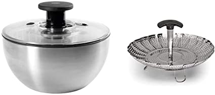 OXO Steel Salad Spinner & Stainless Steel Good Grips Steamer with Extendable Handle, 7“