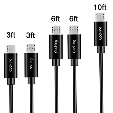 Micro USB Cable,Cool-ing [5-Pack] (2x3ft,2x6ft,10ft) PowerLine Premium High Speed Sync Micro USB Charging Cable Android Cord 2.0 A Male to Micro B Universal for HTC,Samsung,LG,Motorola and More