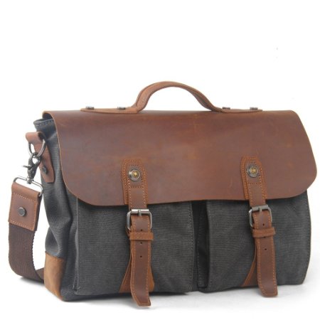 Samic® Vintage Messenger Bag Leather Satchel Canvas 14 Inch Laptop Bag Camera Crossbody Shoulder Bag