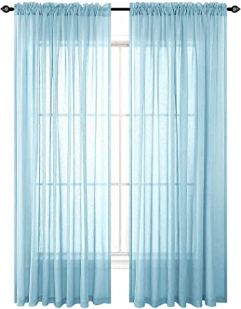 Coastal Curtains 84 Inch Length for Living Room 2 Panels Set Rod Pocket Weave Linen Textured Airy Flowy Lightweight Semi Sheer Beach Window Curtains for Bedroom 52x84 Long Sea Aqua Country Light Blue