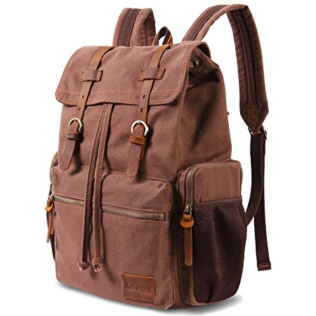 Lifewit 17 Inch Canvas Laptop Backpack Unisex Vintage Leather Casual School College Bag Hiking, Travel Rucksack / Business Daypack, Coffee