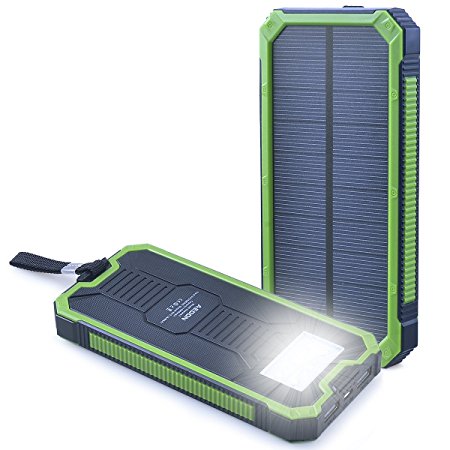 Aedon 15000mAh Solar Charger Power Bank Portable Phone Charger with Dual USB Carabiner LED Lights for Emergency Cell Phones Battery Tablet Camera(Black Green)