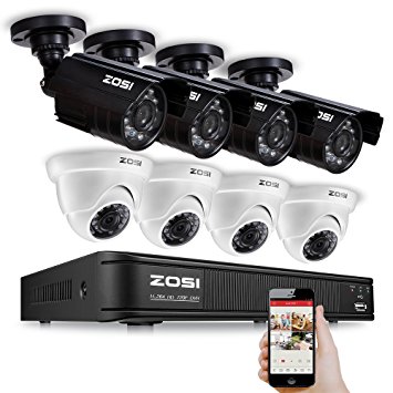 ZOSI 8CH Security Camera System 1080N DVR Reorder with (8) HD 1280TVL Outdoor CCTV Cameras with IP66 Weather Proof and Motion Detection