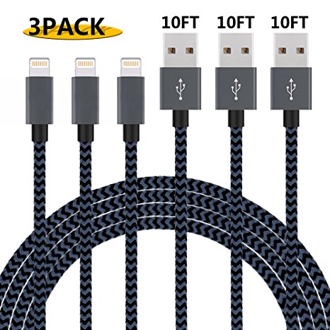 Additt iphone Charger 3Pack 10FT Nylon Braided 8 Pin Lightning to USB Charger Cable Cord iPhone Cable Compatible with iphone 7/7plus se 6s 6s plus 6plus 6 5s 5C 5 iPad iPod Mini and More (Black&Blue)