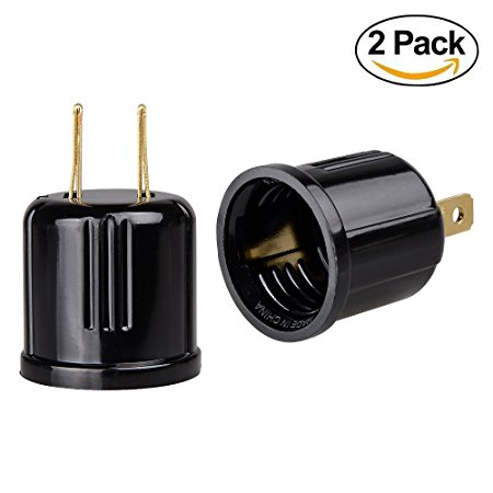 Onite 2-pack AC Wall Outlet Plug to E26 LED Light Lamp Bulb Base Socket Holder Converter Adapter, Black (2pcs AC plug to E26 socket)