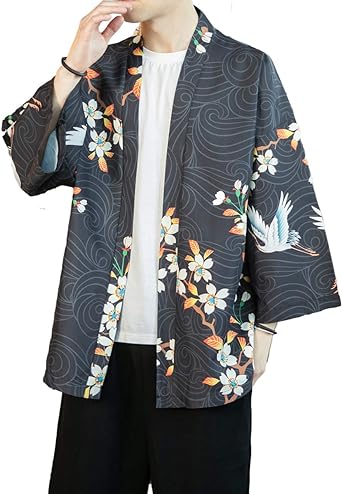 PRIJOUHE Men's Kimono Cardigan Jacket Japanese Style Flying Crane Seven Sleeves Open Front Coat