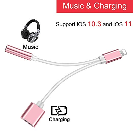 2 in 1 Audio Adapter,3.5mm Aux Headphone Jack Audio and Charger Adapter Compatible IP X 8 7,Support iOS 11 and Later (Rose Gold)