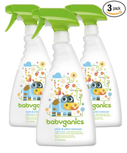 Babyganics Stain & Odor Remover Spray, Fragrance Free, 32oz Spray Bottle (Pack of 3)