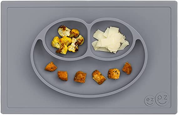 ezpz Happy Mat (Gray) New Version - 100% Silicone Suction Plate with Built-in Placemat for Toddlers + Preschoolers - Divided Plate - Dishwasher Safe