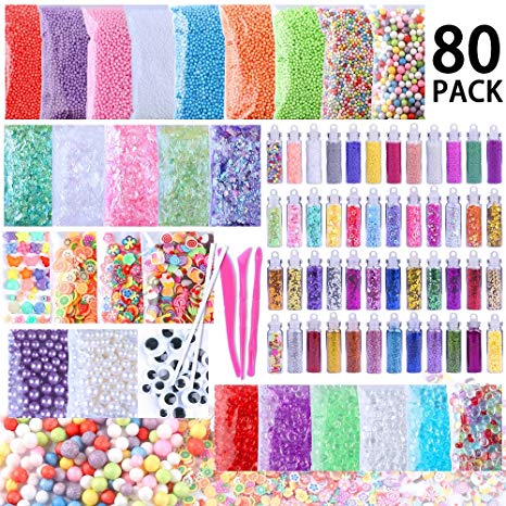 Slime Supplies Kit, 80 Pack Slime Beads Charms Includes Floam Foam Beads, Fishbowl Beads, Glitter Jars, Slices, Pearl, Colorful Sugar Paper Accessories and Slime Tools for DIY Slime Making By WINLIP