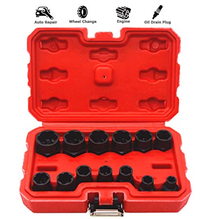 13PCS Bolt Extractor, Impact Bolt Nut Removal Extractor Socket Set, 3/8” Square Drive Metric/Sac Size Locking Wheel Threading Hand Kit with Toolbox for Oil Drain Bolt Exhaust Manifolds Rusty Bolt Nuts