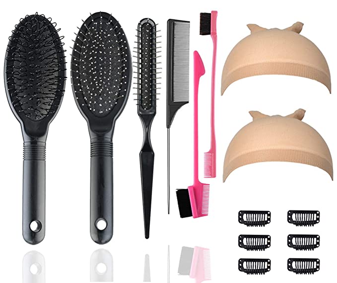 fani Wig Brush Comb Set with Hair Edge Brush Airbag Massage Comb Wire Bristle Brush Professional Wig Brushes for Synthetic Wigs 6-Teeth Wig Clips Wig Comb for Curly Straight Thick Synthetic Hair and Human Hair