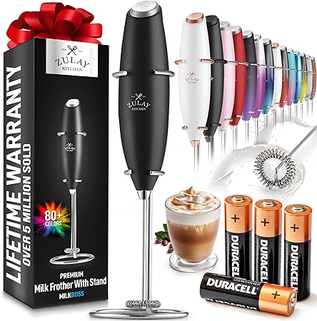 Zulay Kitchen Duracell Powered Milk Frother Wand - Handheld Milk Frother Drink Mixer for Coffee - Powerful Milk Foamer for Cappuccino, Frappe, Matcha, Hot Chocolate & Coffee Creamer - Black