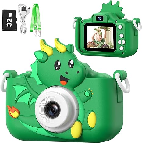 Goopow Kids Dinosaur Selfie Camera Toys for Boys Age 3-9,Children Digital Video Camera with Soft Cover,Christmas Birthday Festival Gifts for 3-9 Year Old Girls and Boys- 32GB SD Card Included