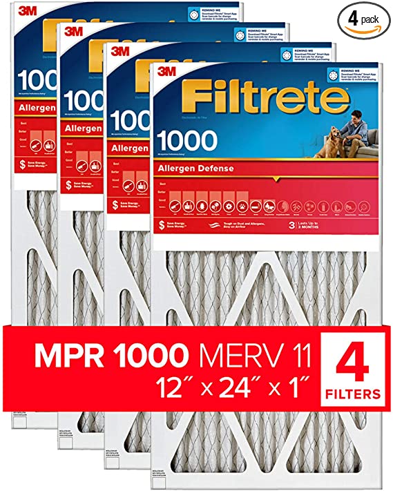 Filtrete MPR 1000 12x24x1 AC Furnace Air Filter, Micro Allergen Defense, 4-Pack