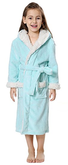 FLYCHEN Girls' Hooded Bathrobe Spa Fleece Loungewear Long