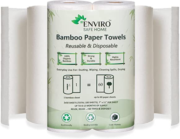 Bamboo Paper Towels Reusable Paper Towels Disposable Kitchen Paper Towels - 2 Rolls, 100 Sheets - Heavy Duty, Eco Friendly, Biodegradable, Lint free, Tree Free
