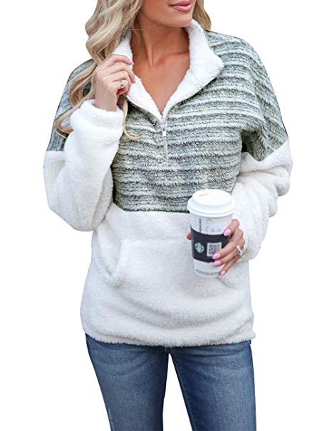 MEROKEETY Women's Long Sleeve Contrast Color Zipper Sherpa Pile Pullover Tops Fleece with Pocket