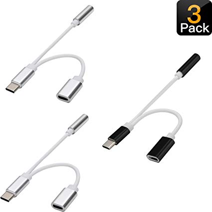 2 in 1 USB C Audio Dongle Headphone Adapter Type-C to 3.5mm Jack Dongle Headphone Converter Music Charging Adapter Cable Compatible for Motorola Moto Z, Moto Z Force, Letv Le Pro 3 (2 Silver/1 Black)