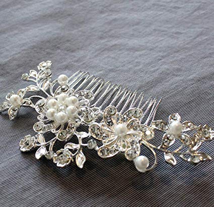 Wedding Hair Comb for Bride & Maid of Honor Gift. Bridal Silver, Rhinestone & Pearl Hair Accessories for Women – Decorative Formal Clip for Bun or Updo. Free Gift/No Risk