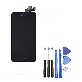 LLLccorp LCD Display Touch Screen Digitizer Assembly Repair Replacement for iPhone 5 5G with Spare Part (Home Button, Front Camera, Sensor Flex) ,Repair Tools ,Tempered Glass (Black)
