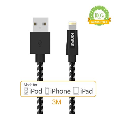 Lightning Cable,Apple MFI Certified 10ft/3m Extra Long USB to Lightning Cable- Kinps Iphone Charge Cable for iPhone 5 / 5s / 5c / 6 / 6 Plus / 6s / 6s Plus, iPod 7, iPad mini / mini 2/ mini 3, iPad Air / iPad Air 2