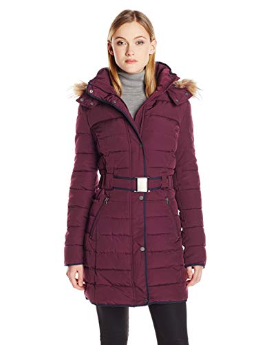 Tommy Hilfiger Women's Belted Down Coat with Fur Trimmed Hood