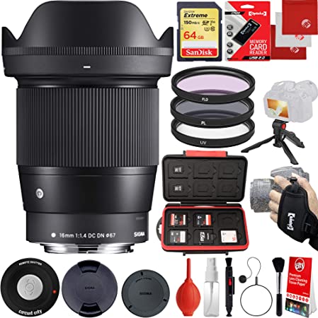 Sigma 16mm f/1.4 DC DN Contemporary Lens Sony E-Mount Bundle with 64GB Memory Card, IR Remote, 3 Piece Filter Kit, Wrist Strap, Card Reader, Memory Card Case, Tabletop Tripod