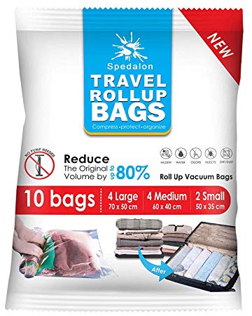 Travel Roll Up Bags - Pack of 10 (Large & Medium) | Roll-Up Compression Storage | Double Zipper, Reusable Space Saver Bags for Home Storage and Packing Organization - No Vacuum Pump Needed