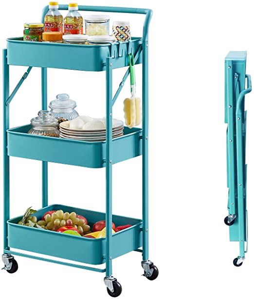 Foldable Utility Cart Metal Storage Cart Heavy Duty Rolling Organizer Cart on Wheels Multifunctional Mesh Organization Cart for Home Office (Turquoise)