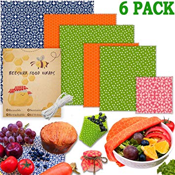 Beeswax Wrap-Set of 6 Pack (1 Extra Large, 2 Large, 2 Medium, 1 Small) | Eco Friendly Reusable Food Wraps | Sustainable Plastic Free Food Storage | Sandwich Wrappers | Washable Bowl Covers
