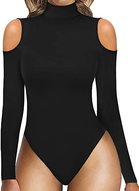 MANGOPOP Women Sexy Cutout Cold Shoulder Top V Neck Short Sleeve Bodysuit/Mock Turtle Neck Long Sleeve Bodysuit T Shirt