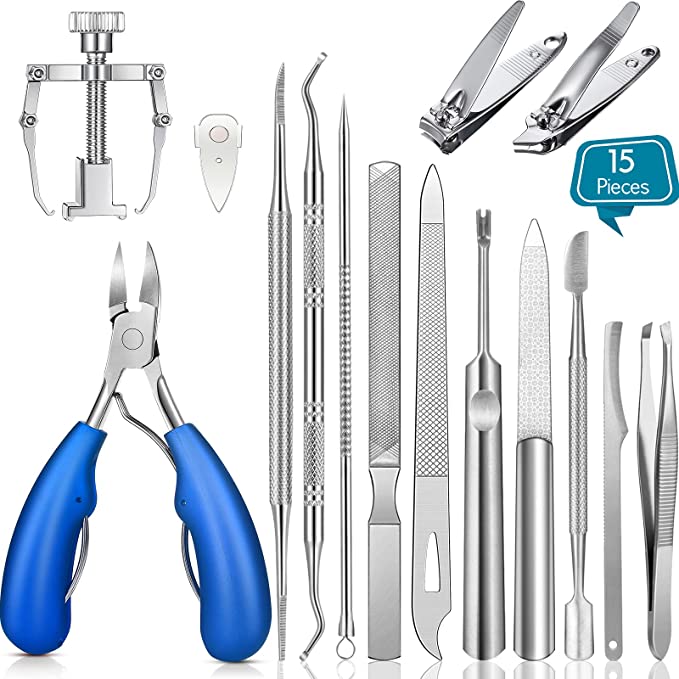 15 Pieces Ingrown Toenail Tools Stainless Steel Foot Nail Tools, Toenail File and Lifter, Nail Clipper, Cuticle Cutters, Cuticle Pusher and Manicure Pedicure Tools for Ingrown and Thick Nail (Blue)