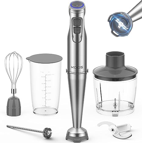 KOIOS 1100W Immersion Hand Blender, Stainless Steel Stick Blender with 12-Speed & Turbo Mode, 5-in1 Handheld Blender with 600ml Mixing Beaker with Lid,500ml Chopper, Whisk, Milk Frother, Perfect for Soup, Smoothies, Puree, Baby Food, BPA-Free, Sliver