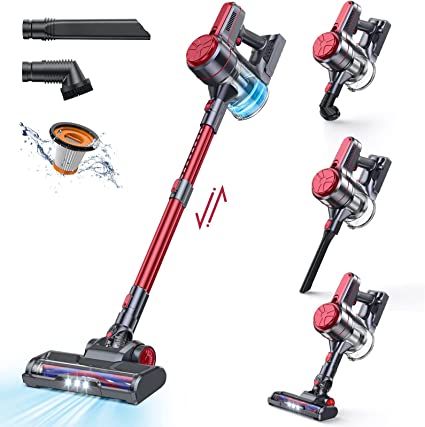 EICOBOT Cordless Vacuum Cleaner,20000Pa High Efficiency Stick Vacuum,4 in 1 Lightweight Quiet Vacuum Cleaner with 30min Long Runtime,Detachable Battery, for Hardwood Floor Pet Hair Home Car,Red