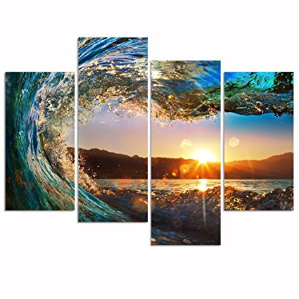 Pyradecor Gorgeous Waves 4 Piece Large Modern Stretched and Framed Artwork Contemporary Seascape Giclee Canvas Prints Ocean Sea Pictures Paintings on Canvas Wall Art for Home Decorations