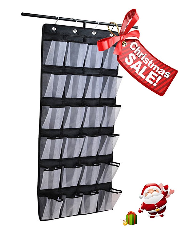 Over the Door Shoe & Accessory Organizer with 24 Oversized Pockets, Oxford Fabric Reinforced Storage Hang on Standard Doors with 4 Hooks, Black