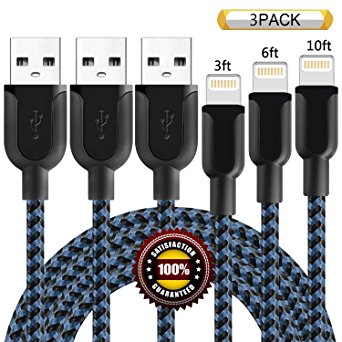 BULESK iPhone Cable 3Pack 3FT 6FT 10FT Nylon Braided Certified Lightning to USB iPhone Charger Cord for iPhone X 8 8Plus 7 Plus 6S 6 SE 5S 5C 5, iPad 2 3 4 Mini Air Pro, iPod Nano 7(Black&Blue)