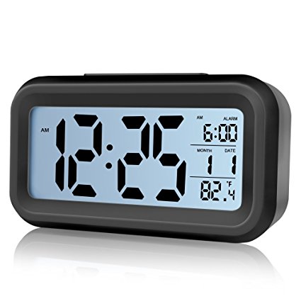 Alarm Clock,Airsspu Digital Easy to Set and Watch with Large LCD screen Low Light Sensor Technology Soft Night Light Repeating Snooze Month Date & Temperature Display (Black)