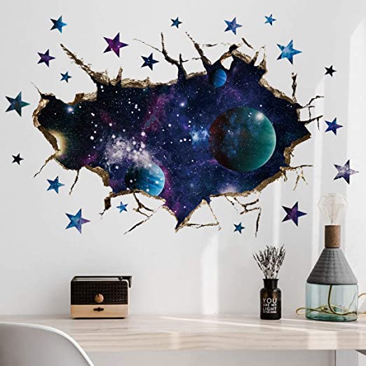 3D Space Galaxy and Star Wall Decor Stickers, Broken Outer Space Planet Art Wall Decals Removable Cosmic Planet Decor Murals Wallpaper for Boys Kid Bedroom Home Walls Decor (11.8"x17.7")