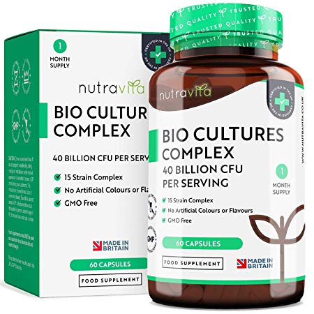 Bio Cultures Complex | 40 Billion CFU with 15 Bacteria Strains per Serving | Max Strength & Potency Time Release Capsules | Made in The UK by Nutravita