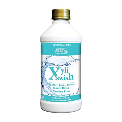 Buried Treasure: Xyli Swish - All Natural Formulated Nano Silver, Xylitol & Aloe Mouthwash - Alcohol and Fluoride Free - Oral Rinse To Fight Bad Breath & Dry Mouth - Peppermint Flavor - 16oz.
