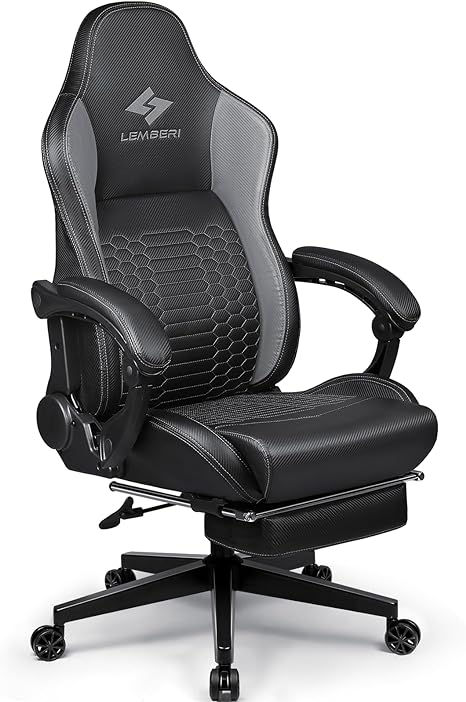 LEMBERI Big and Tall Gaming Chair 500lb Weight Capacity,Gamer Chairs for Adults,Video Game Chair wth Footrest,Racing Style Computer Gamer Chair with Headrest and Lumbar Support (Gray)