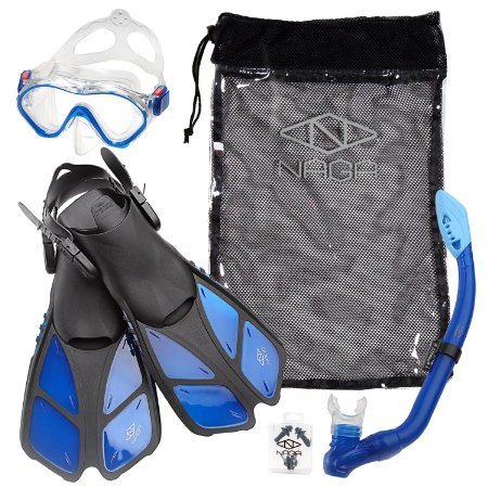 Naga Sports Kids Snorkel Set with Dry Top Snorkel, Single Lens Mask, Trek Fins, Mesh Bag - Choose Your Color